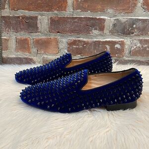 FERUCCI Blue Velvet Loafers with Black Spikes, Size US 7